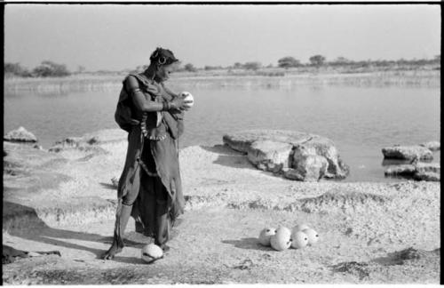 Woman, standing, gathering her filled ostrich egg shells