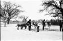 People standing, with donkeys next to them