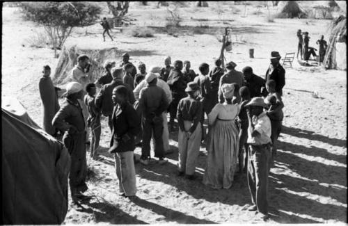 Expedition members greeted by a group of Ju/'hoansi