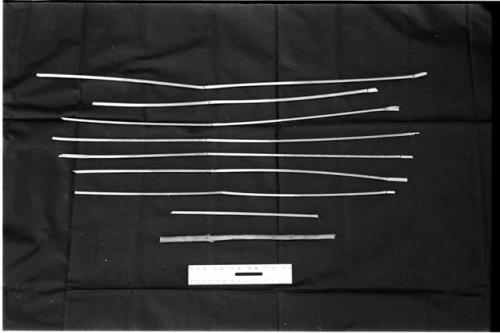 Reeds for making arrow shafts and firesticks on a black background, with a ruler for measurement
