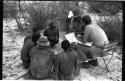 Wilhelm Camm and Nicholas England in chairs with a sound recorder interviewing five men sitting on the ground