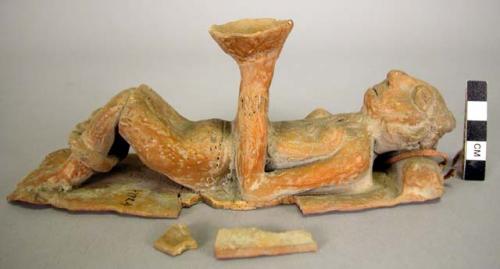 Ceramic figurine, moulded, incised and applique reclining human