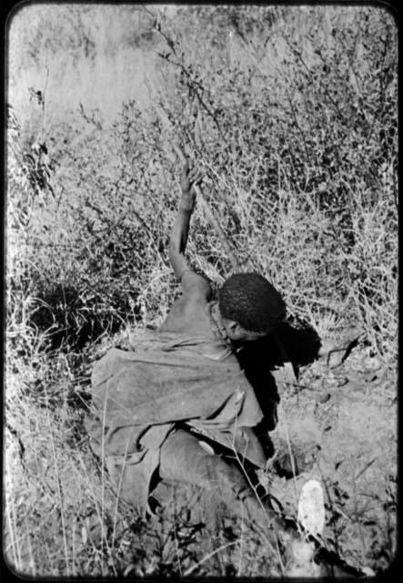 Woman digging, her digging stick in her left hand, pulling sand out of a hole with her right hand