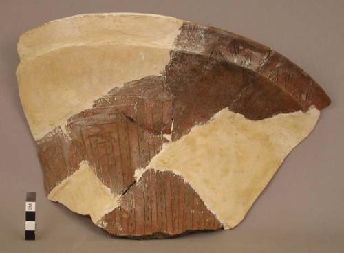 Large fragment of truncated conical vase - incised geometric design; red color