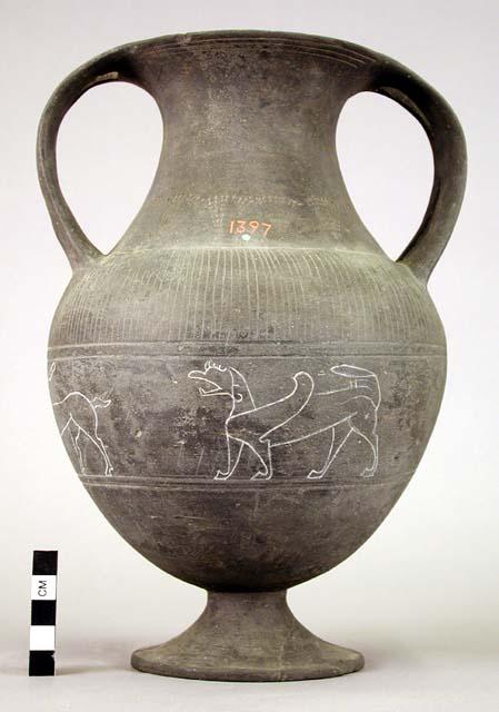 Ancient Etruscan vase; decorated with engraved Corinthian beasts