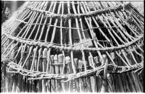 Framework of partly finished hut, close-up