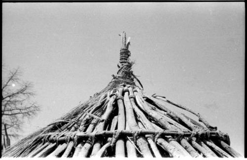 Roof peak of partly finished hut, close-up