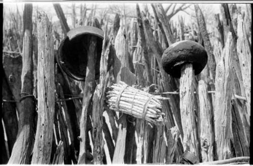 Bundle of beans and two pots hanging from a fence