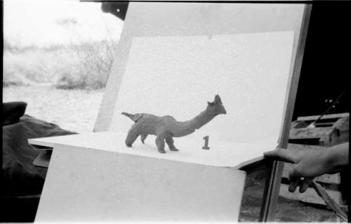 Plasticine animal created by Ju/'hoan boys, distant view; person's hand in view