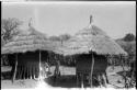 Two storage baskets on raised platforms under thatched roofs