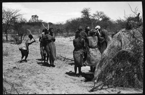 Group of people performing the Eland Dance; group of women standing by a skerm; !Ani leading the men, who are holding wooden horns to their heads