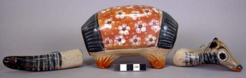 Ceramic polychrome 3 piece armadillo figurine w/ moveable head + tail