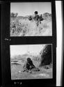 Top: Boy carrying a stomach water bag and another bag on a digging stick on his shoulder, walking in grass, seen from the back; bottom: Man sitting in front of a skerm smoothing something