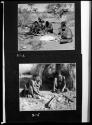 Top: Group of men sitting around a heap of ashes, working and talking together, including "Old Gau" of Band 1, ≠Gao (husband of Khwo//o-/Gasa, and brother of old Gau), /Gaishay and "/Qui Navel"; bottom: //Ao and ≠Nisa sitting by their fire