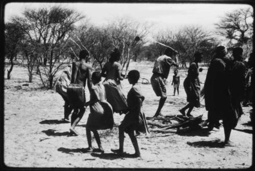 People performing the Eland Dance, with Twi imitating the sideways motion of an eland's hind legs and playing up to ǂKxoba (copy of color slide 2001.29.8658)