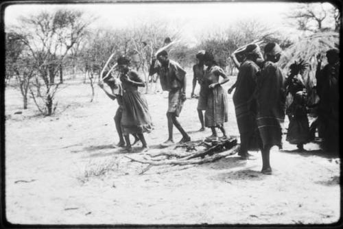 Men performing the Eland Dance, holding horns to their heads and coming around from behind the skerm (copy of color slide 2001.29.8671)