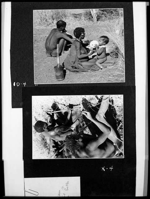 Top: ≠Toma's sister, !Ungka, holding her daughter Sa≠gai who is drinking from an ostrich eggshell, with Tsamgao, husband of /Ti!kay's daughter Bau, sitting beside her; Bottom: "Crooked /Qui" and another man digging for poison beetles