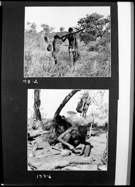 Top: Man and boy returning to werft from a waterhole, skerms in the background; bottom: "Gao Helmet" hammering and shaping an assegai blade with a piece of metal, with his second wife, //Kushay, sitting beside him, and "Old ≠Toma" behind him