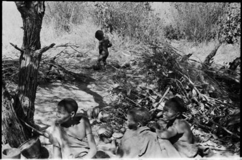 Group of women sitting, and N!whakwe urinating in a tsama melon rind in the background