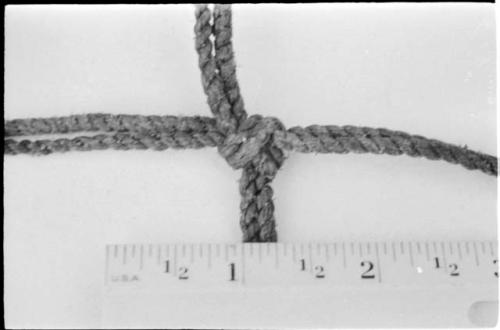 Knot in carrying net, close-up, with a ruler for measurement