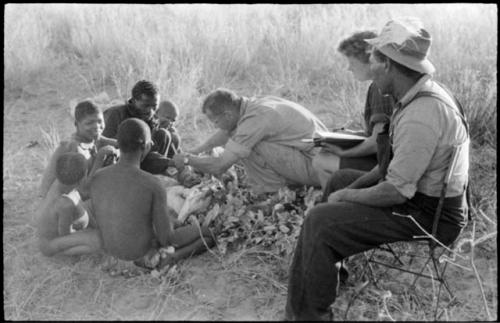 Oukwane and other people sitting and talking to William Donnellan and Elizabeth Marshall Thomas, with Wilhelm Camm interpreting. Oukwane is naming the internal parts of an animal.