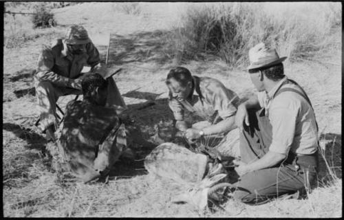 Oukwane sitting and talking to William Donnellan and Robert Story, with Wilhelm Camm interpreting. Oukwane is naming the internal parts of an animal.