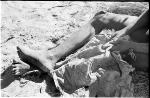 Man working a skin, close-up of his hands