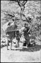 Tsekue and /Twikwe beginning to unload tsama melons from their karosses, with Oukwane standing between them