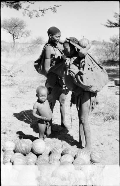 Tsekue standing with her kaross full of tsama melons hung over her head and shoulder, and /Twikwe and Oukwane standing next to her