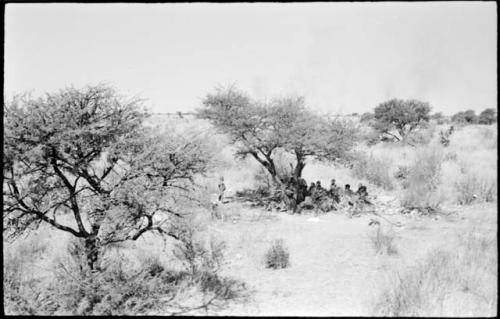 People from Oukwane's group and a band visiting from Okwa sitting in the shade in Oukwane's werft, with a veld fire in the background