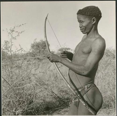 "/Qui Hunter" holding bow and arrow, showing method of holding and release (print is a cropped image)