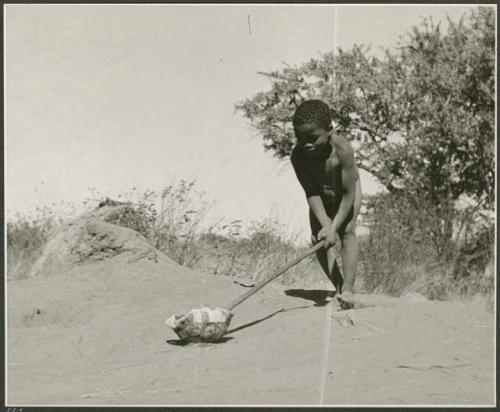 /Gaishay, ≠Toma's son, pushing a tortoise shell with a stick. He is saying "brrrrr" and calls the game "playing auto" (print is a cropped image)