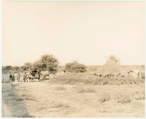 Group of people standing in Boys's kraal (clearing around huts) at Okwa (print is a cropped image)