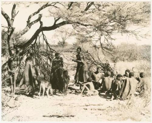 Group of people sitting under a tree (print is a cropped image)