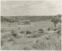 Three huts near a field (print is a cropped image)