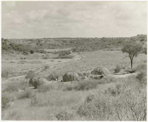 Three huts near a field (print is a cropped image)