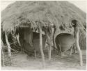 Large storage baskets under an open hut (print is a cropped image)