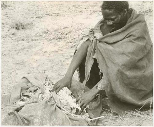 Man sitting with a kaross full of millet (print is a cropped image)