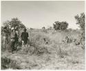 Group of people standing with expedition members, watching gemsbok butchering, distant view (print is a cropped image)