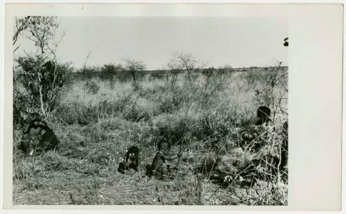 Two women sitting in grass and two children playing gathering veldkos, one holding a digging stick