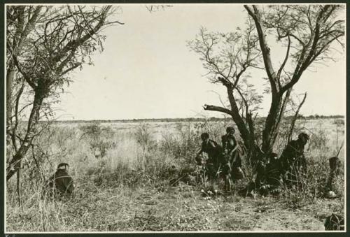 Women and children standing in the shade during a veldkos-gathering occasion