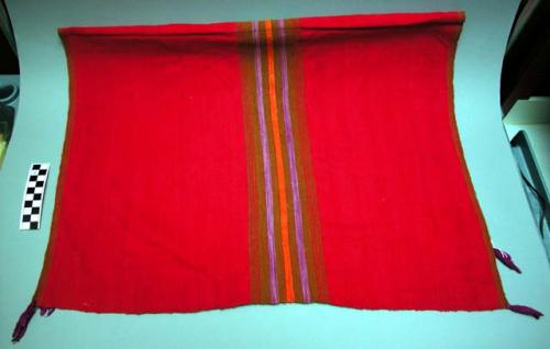 Man's head cloth (tzute) - brown, purple, orange stripes on red background.