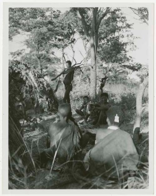 Man bringing wood, group seated