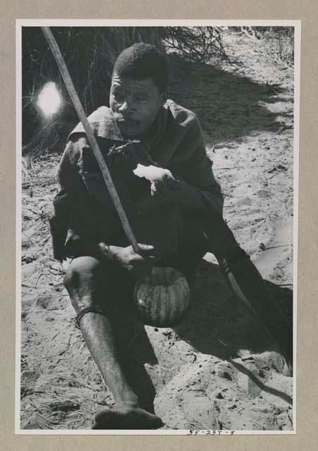 Man with tsama melon, holding digging stick
