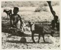 Women and children sitting in the shade with goats and tsama melons
