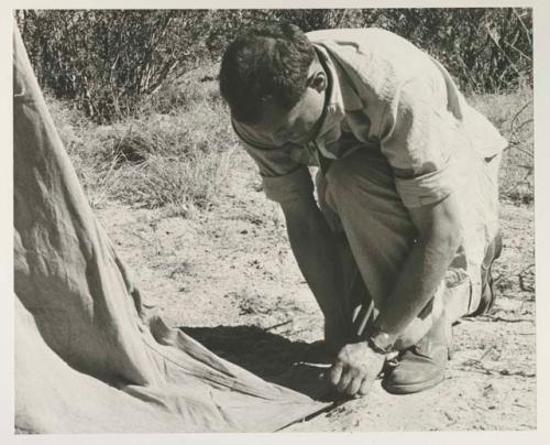 Bill Donnellan crouching, setting up a tent
