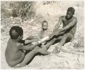 !Gai and //Kwaiǂkabe stripping bark from root for making a quiver, N!whakwe sitting beside !Gai (print is a cropped image)