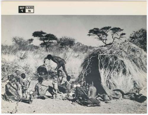 [No folder title]: "Gao Medicine" bringing a quarter of meat in meat distribution to a group of people sitting in front of a skerm, including "Old ≠Toma" sitting in the middle of the group