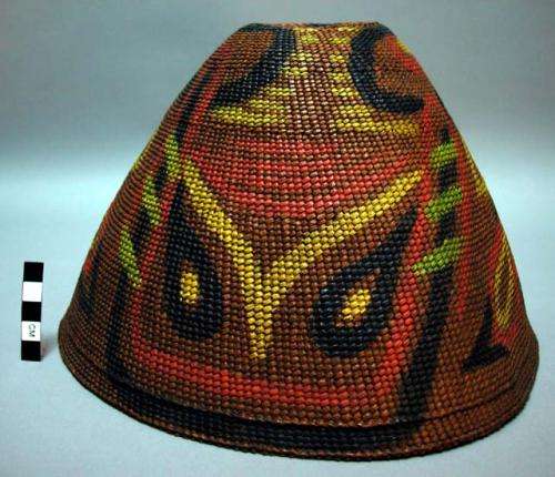 Hat, made from inner bark of the cedar tree, decorated