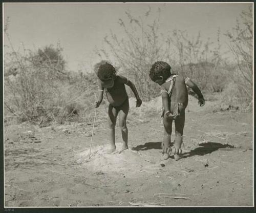 [No folder title]: /Gaishay (son of "Gao Medicine") and "Little ≠Gao" (son of /Qui and //Kushay) dancing and playing medicine man (print is a cropped image)